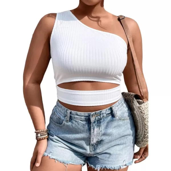 WDIRARA Women's Plus Size One Shoulder Cut Out Sleeveless Rib Knit Crop Top