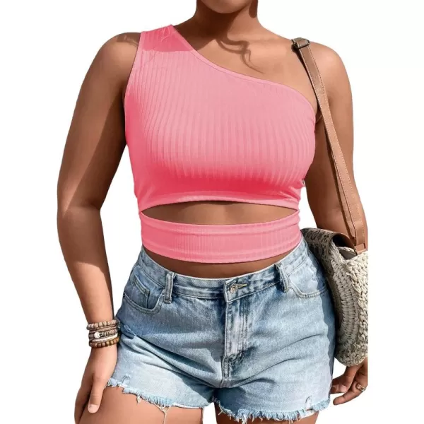 WDIRARA Women's Plus Size One Shoulder Cut Out Sleeveless Rib Knit Crop Top