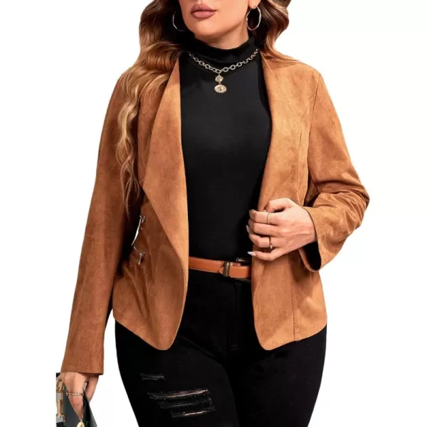 WDIRARA Women's Plus Size Open Front Faux Suede Long Sleeve Work Office Jacket Blazer
