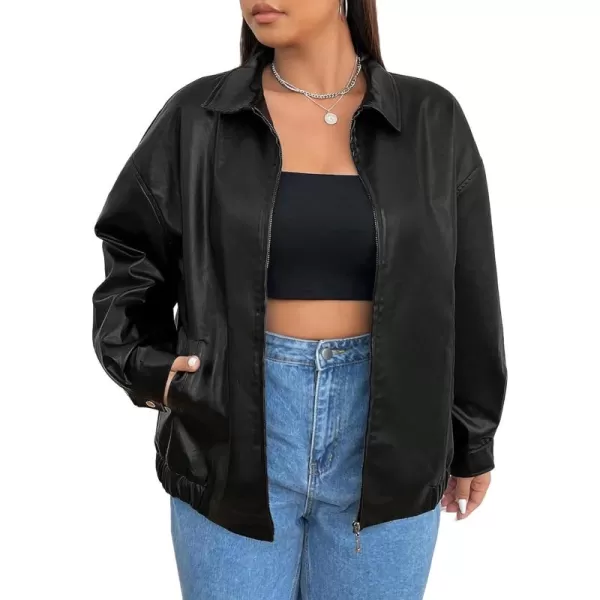 WDIRARA Women's Plus Size PU Leather Drop Shoulder Jacket Zip Up Long Sleeve Collared Textured Outerwear Jackets