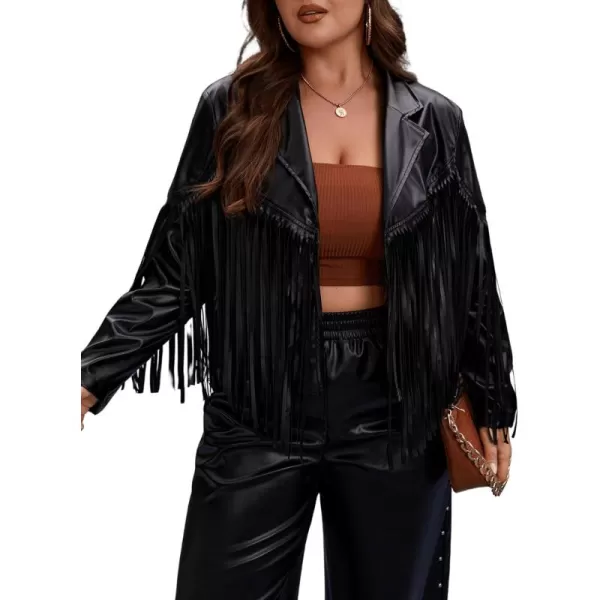 WDIRARA Women's Plus Size PU Leather Fringe Trim Open Front Lapel Neck Long Sleeve Jacket Casual Outwear Coat