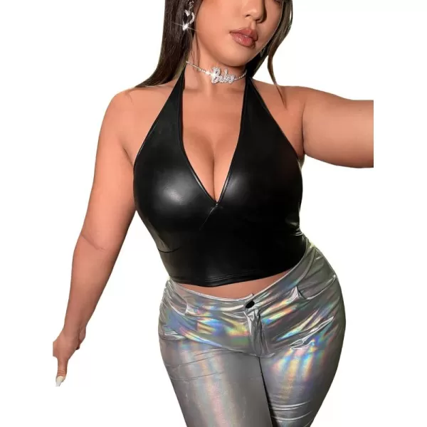 WDIRARA Women's Plus Size PU Leather Halter Backless Deep V Neck Sleeveless Cami Crop Top
