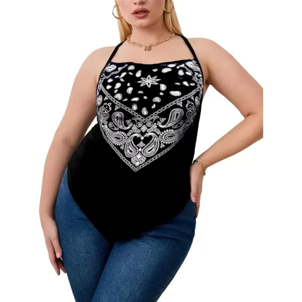 WDIRARA Women's Plus Size Paisley Print Crisscross Back Asymmetrical Hem Halter Top