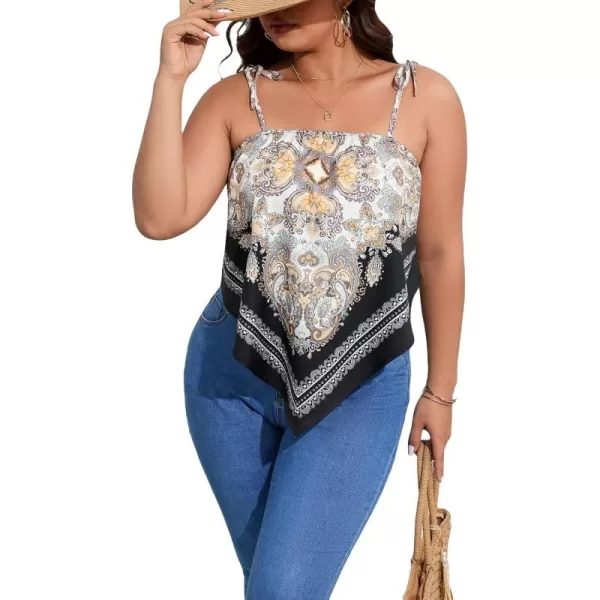 WDIRARA Women's Plus Size Paisley Print Tie Shoulder Sleeveless Hanky Hem Cami Top
