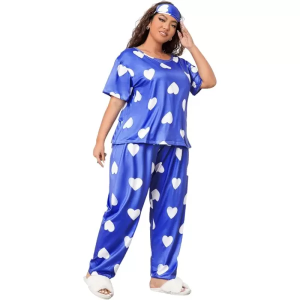 WDIRARA Women's Plus Size Pajama Set Heart Print Short Sleeve Top And Pants With Eye Cover