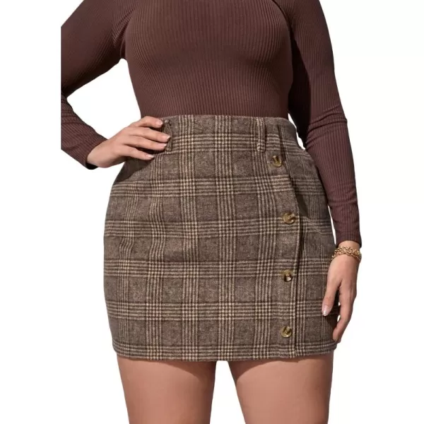 WDIRARA Women's Plus Size Plaid High Waist Button Front Skirt Elegant Skirts