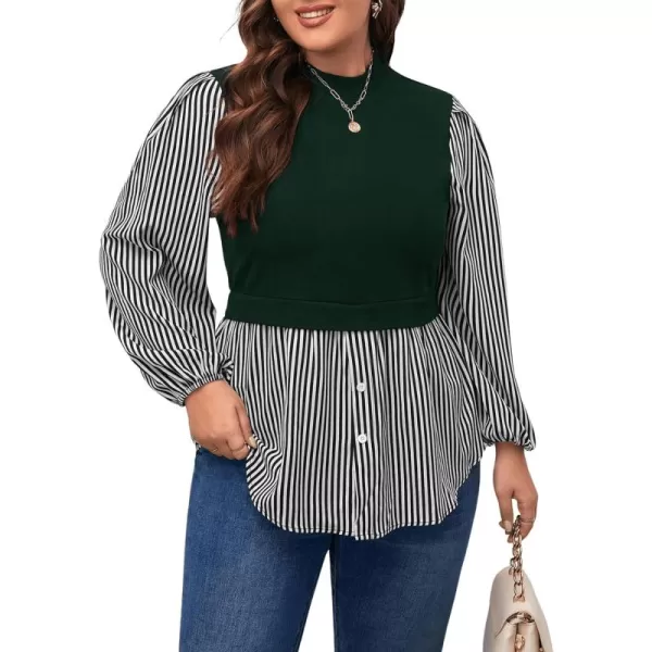 WDIRARA Women's Plus Size Plaid Long Sleeve Ruffle Hem Collared Casual Blouse Top