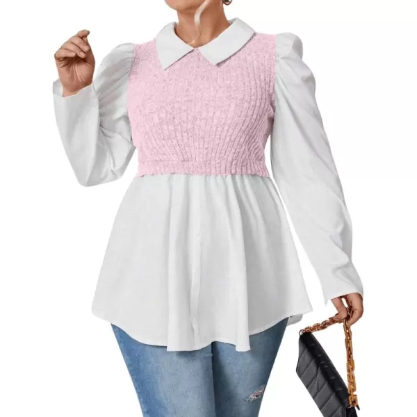 WDIRARA Women's Plus Size Plaid Long Sleeve Ruffle Hem Collared Casual Blouse Top