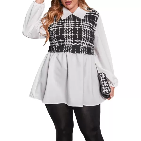 WDIRARA Women's Plus Size Plaid Long Sleeve Ruffle Hem Collared Casual Blouse Top
