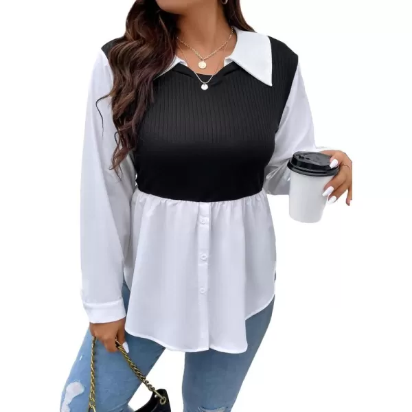WDIRARA Women's Plus Size Plaid Long Sleeve Ruffle Hem Collared Casual Blouse Top