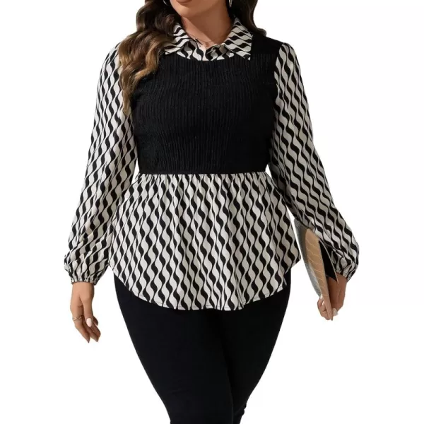 WDIRARA Women's Plus Size Plaid Long Sleeve Ruffle Hem Collared Casual Blouse Top