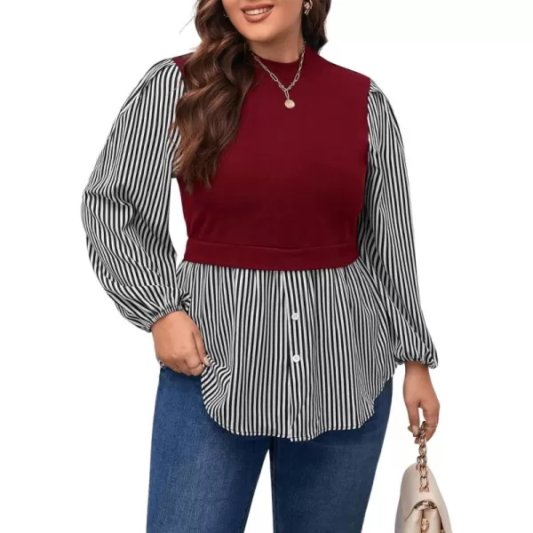 WDIRARA Women's Plus Size Plaid Long Sleeve Ruffle Hem Collared Casual Blouse Top