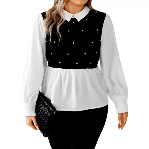 WDIRARA Women's Plus Size Plaid Long Sleeve Ruffle Hem Collared Casual Blouse Top