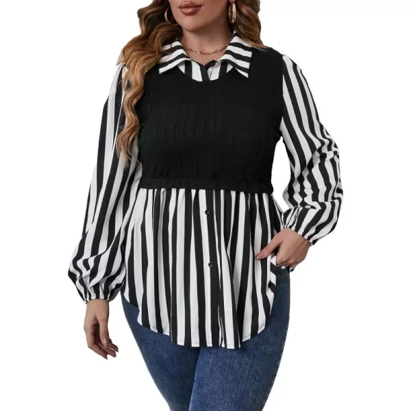 WDIRARA Women's Plus Size Plaid Long Sleeve Ruffle Hem Collared Casual Blouse Top