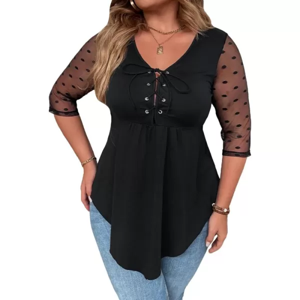 WDIRARA Women's Plus Size Polka Dots Sheer Mesh 3/4 Sleeve Lace Up Asymmetrical Top