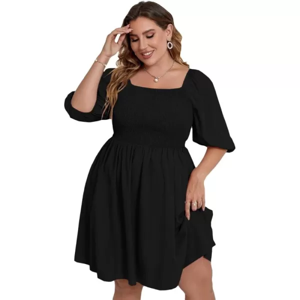 WDIRARA Women's Plus Size Puff Sleeve Square Neck Shirred High Waist Ruffle Hem A Line Short Dress