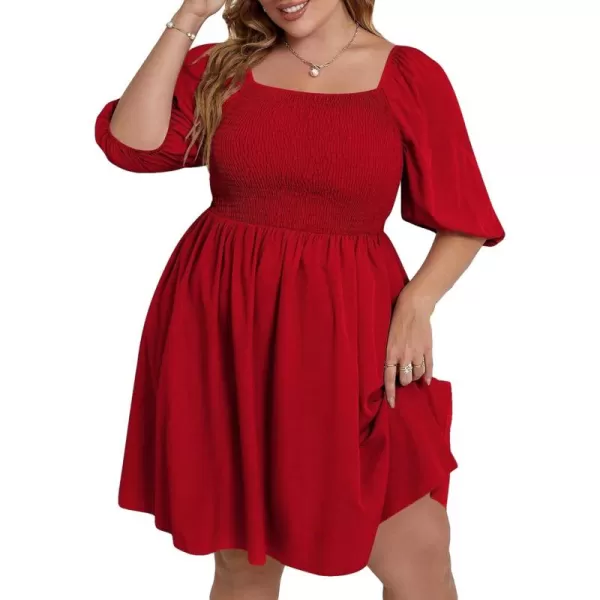 WDIRARA Women's Plus Size Puff Sleeve Square Neck Shirred High Waist Ruffle Hem A Line Short Dress