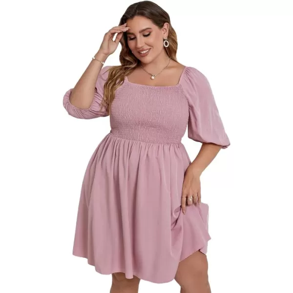 WDIRARA Women's Plus Size Puff Sleeve Square Neck Shirred High Waist Ruffle Hem A Line Short Dress