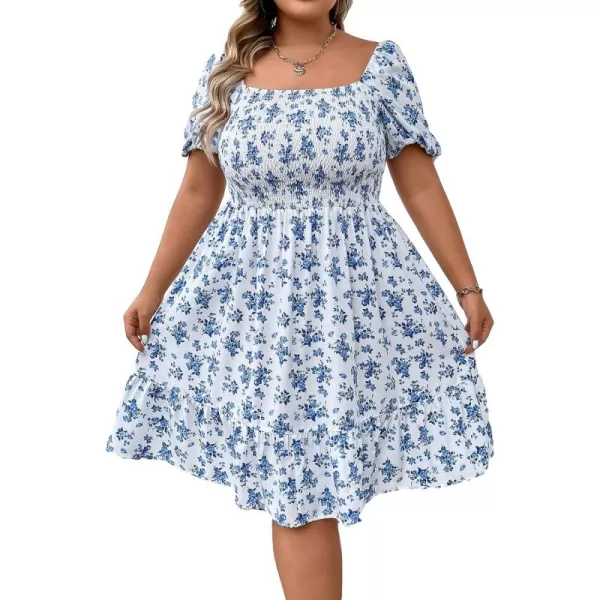 WDIRARA Women's Plus Size Puff Sleeve Square Neck Shirred High Waist Ruffle Hem A Line Short Dress