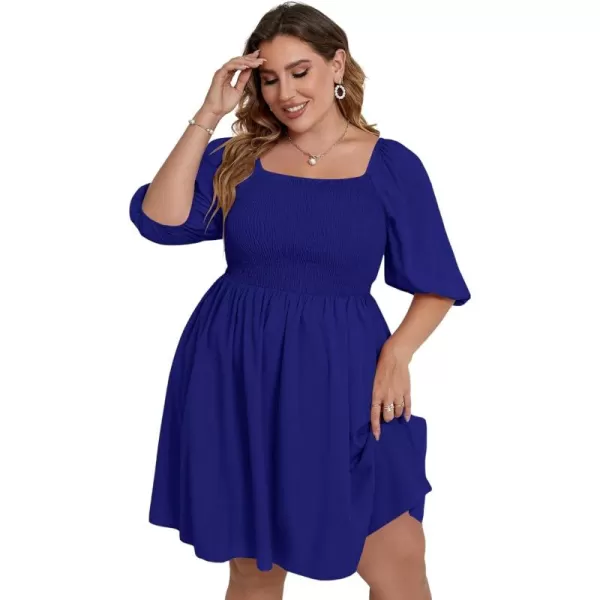 WDIRARA Women's Plus Size Puff Sleeve Square Neck Shirred High Waist Ruffle Hem A Line Short Dress