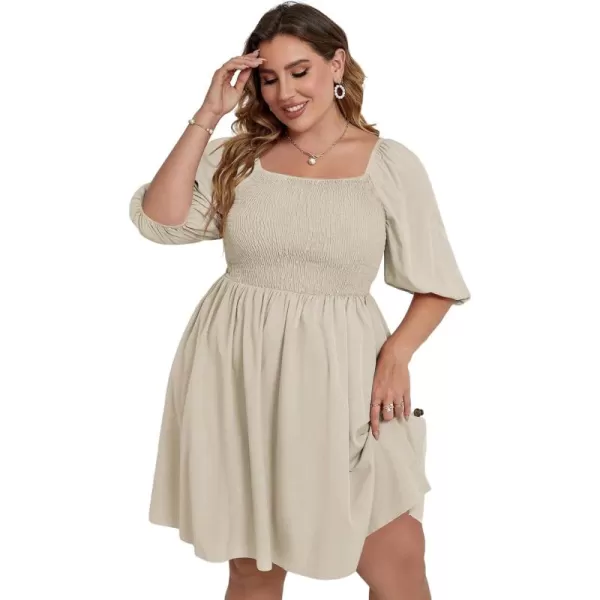 WDIRARA Women's Plus Size Puff Sleeve Square Neck Shirred High Waist Ruffle Hem A Line Short Dress