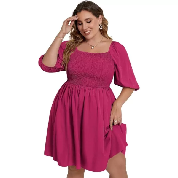 WDIRARA Women's Plus Size Puff Sleeve Square Neck Shirred High Waist Ruffle Hem A Line Short Dress