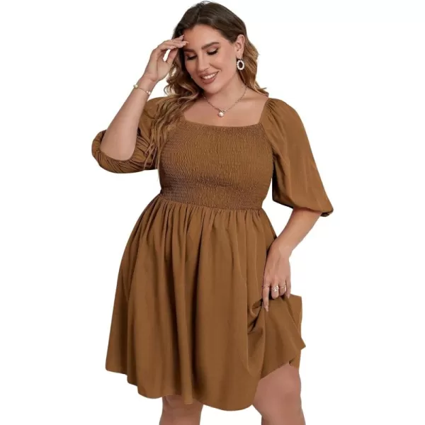 WDIRARA Women's Plus Size Puff Sleeve Square Neck Shirred High Waist Ruffle Hem A Line Short Dress