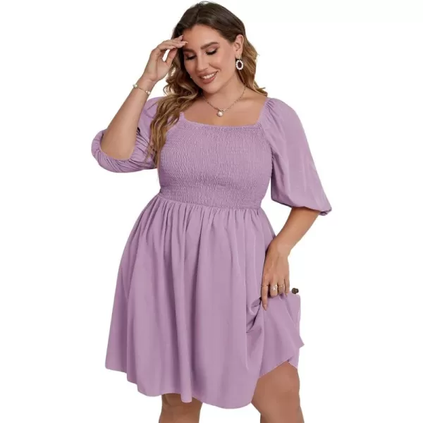 WDIRARA Women's Plus Size Puff Sleeve Square Neck Shirred High Waist Ruffle Hem A Line Short Dress