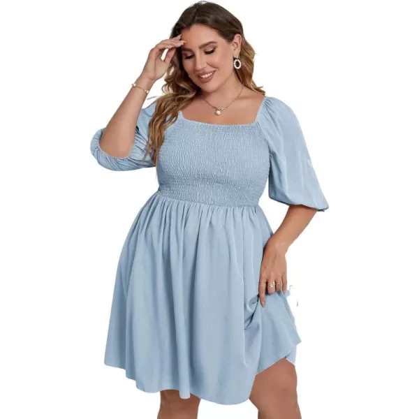 WDIRARA Women's Plus Size Puff Sleeve Square Neck Shirred High Waist Ruffle Hem A Line Short Dress