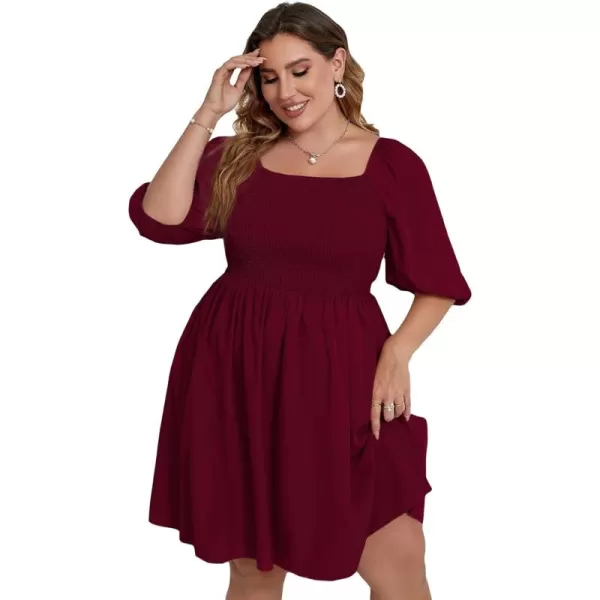 WDIRARA Women's Plus Size Puff Sleeve Square Neck Shirred High Waist Ruffle Hem A Line Short Dress