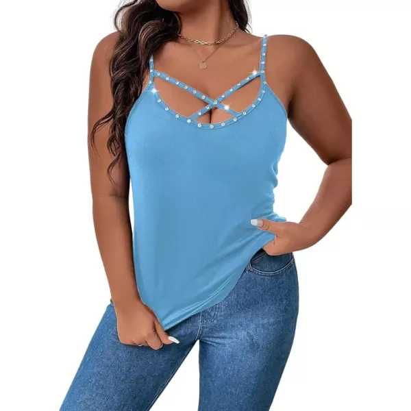 WDIRARA Women's Plus Size Rhinestone Crisscross Spaghetti Strap Cami Top