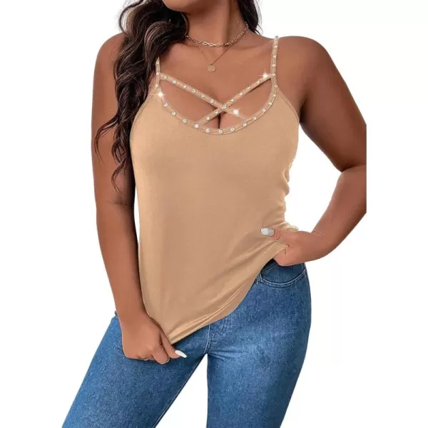 WDIRARA Women's Plus Size Rhinestone Crisscross Spaghetti Strap Cami Top