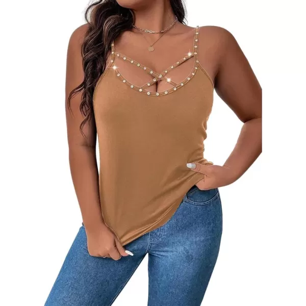 WDIRARA Women's Plus Size Rhinestone Crisscross Spaghetti Strap Cami Top
