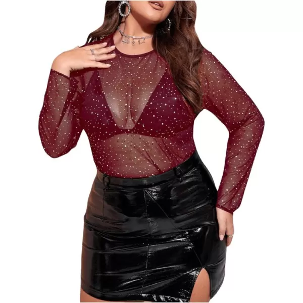 WDIRARA Women's Plus Size Rhinestone Sheer Mesh See Through Round Neck Long Sleeve Top