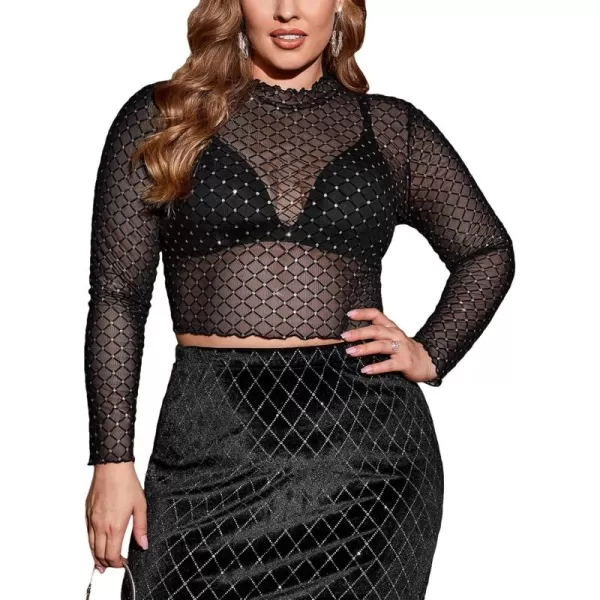 WDIRARA Women's Plus Size Rhinestone Sheer Mesh See Through Round Neck Long Sleeve Top