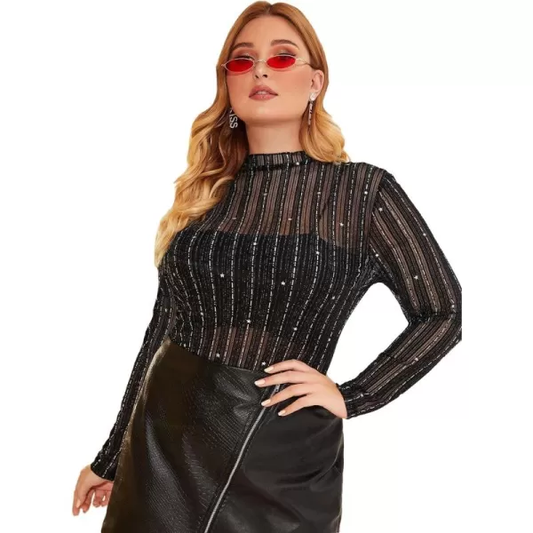 WDIRARA Women's Plus Size Rhinestone Sheer Mesh See Through Round Neck Long Sleeve Top