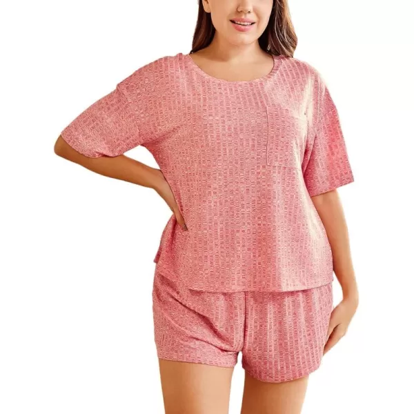 WDIRARA Women's Plus Size Ribbed Short Sleeve Top and Shorts Pajama Set Loungewear