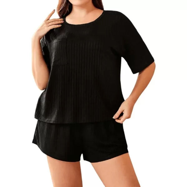 WDIRARA Women's Plus Size Ribbed Short Sleeve Top and Shorts Pajama Set Loungewear