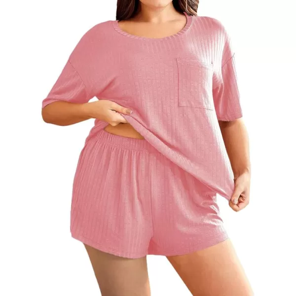 WDIRARA Women's Plus Size Ribbed Short Sleeve Top and Shorts Pajama Set Loungewear