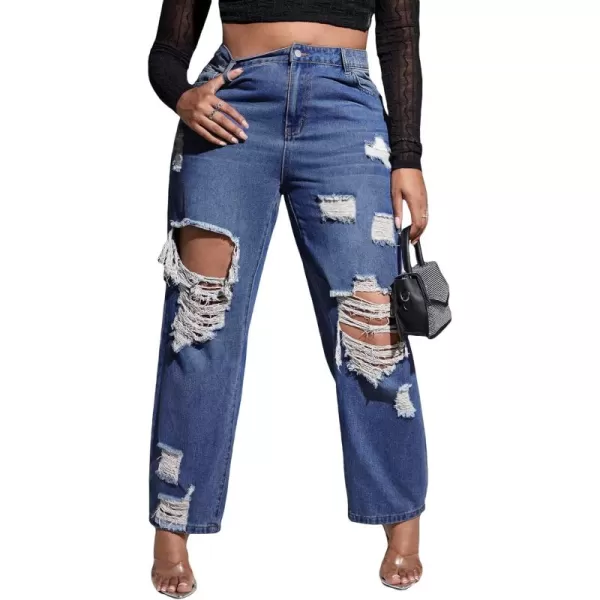 WDIRARA Women's Plus Size Ripped High Waist Cut Out Straight Leg Jeans Denim Pants