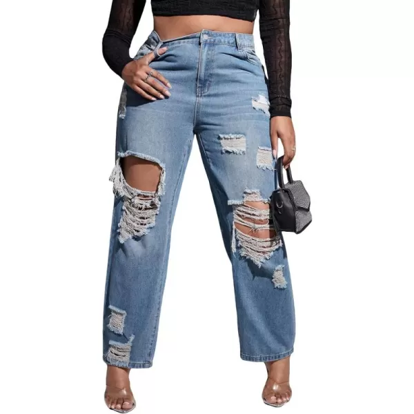 WDIRARA Women's Plus Size Ripped High Waist Cut Out Straight Leg Jeans Denim Pants