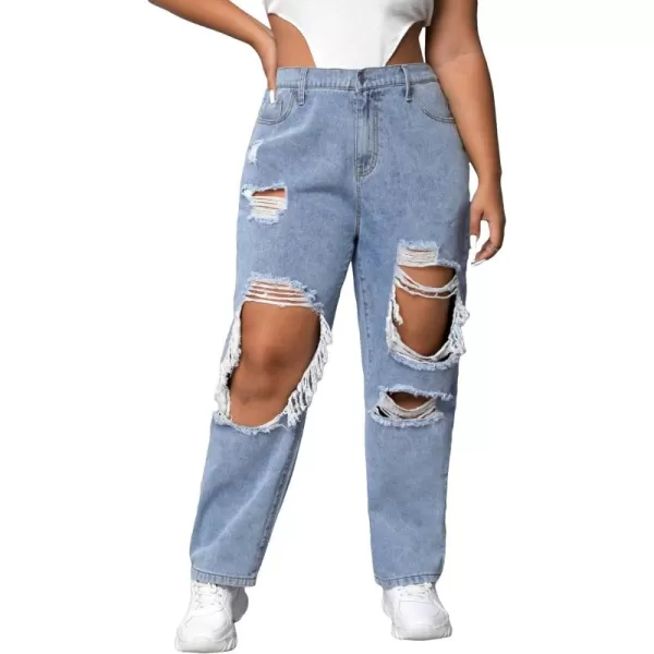 WDIRARA Women's Plus Size Ripped High Waist Cut Out Straight Leg Jeans Denim Pants