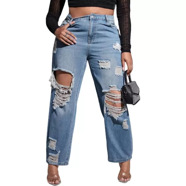 WDIRARA Women's Plus Size Ripped High Waist Cut Out Straight Leg Jeans Denim Pants