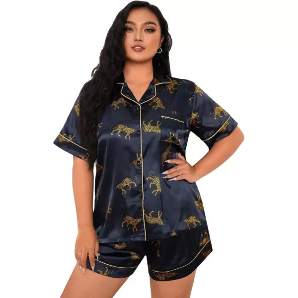 WDIRARA Women's Plus Size Satin Floral Short Sleeve Button Up Pajamas Shorts Lounge Set