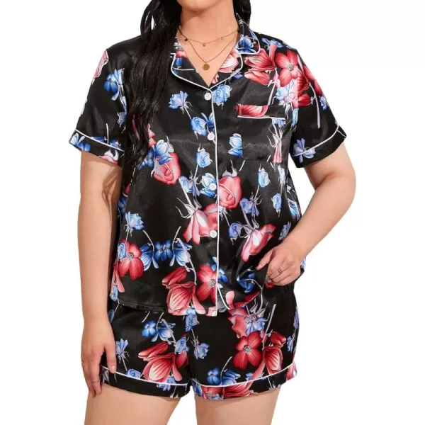 WDIRARA Women's Plus Size Satin Floral Short Sleeve Button Up Pajamas Shorts Lounge Set