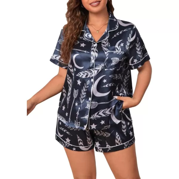 WDIRARA Women's Plus Size Satin Floral Short Sleeve Button Up Pajamas Shorts Lounge Set