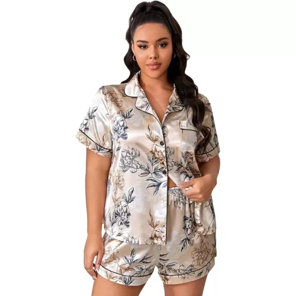 WDIRARA Women's Plus Size Satin Floral Short Sleeve Button Up Pajamas Shorts Lounge Set