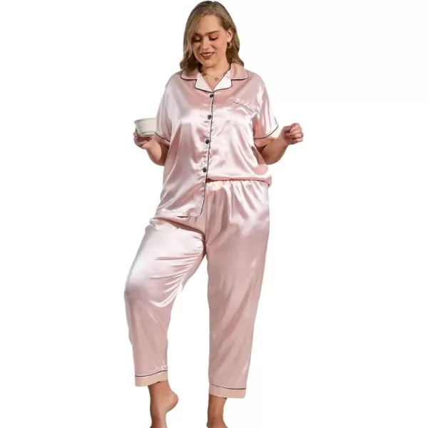 WDIRARA Women's Plus Size Satin Floral Short Sleeve Contrast Binding Button Up Pajamas Shorts Lounge Set