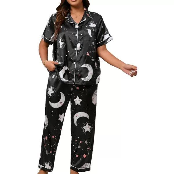 WDIRARA Women's Plus Size Satin Floral Short Sleeve Contrast Binding Button Up Pajamas Shorts Lounge Set