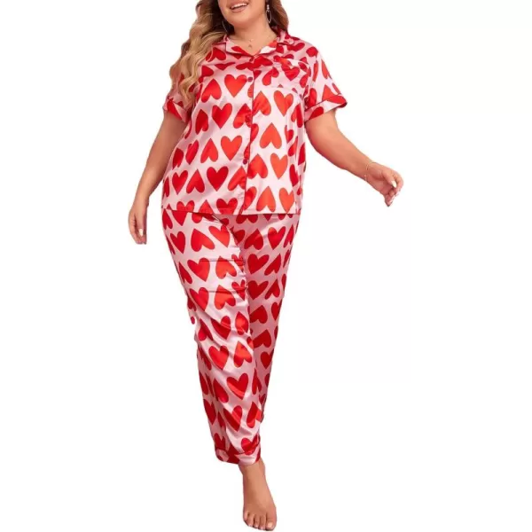 WDIRARA Women's Plus Size Satin Floral Short Sleeve Contrast Binding Button Up Pajamas Shorts Lounge Set